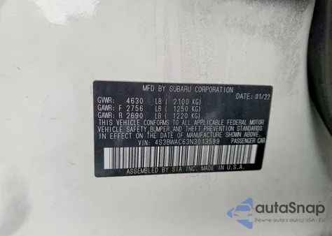 2022 Subaru Legacy Premium z USA, uszkodzony, nr VIN 4S3BWAC63N3013599